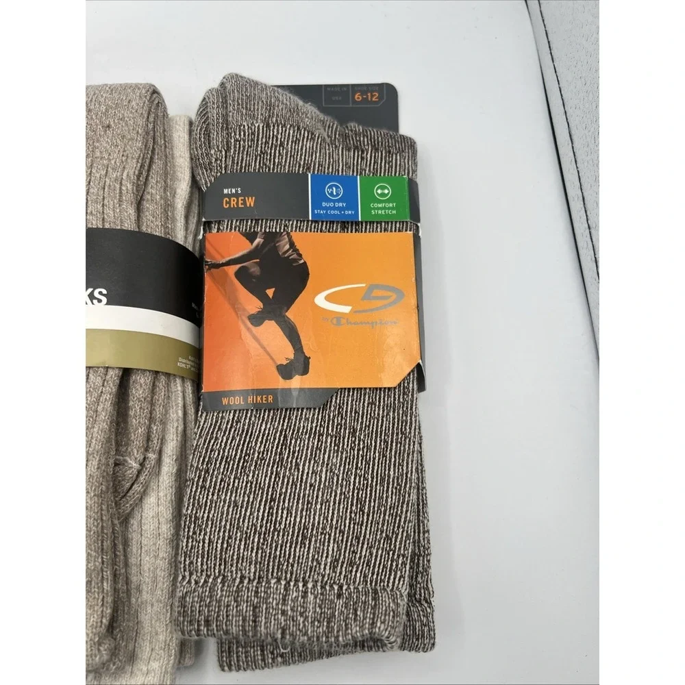 Lot Of 4 NOS Champion Men's‎ Wool Hiker & Cotton Crew Socks Tan Navy Brown USA